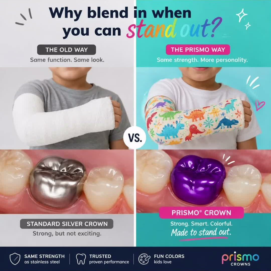 The old way versus the Prismo way: a plain white arm cast next to a colorful dinosaur cast, and a standard silver dental crown next to a purple Prismo crown